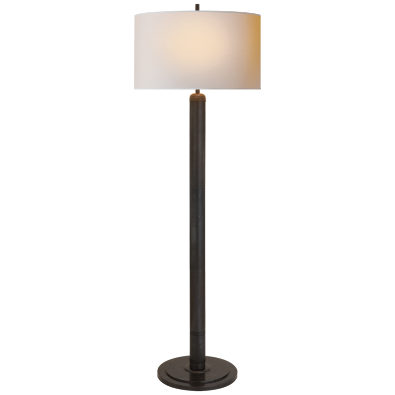 Stehlampe in dunkelbraun bronziertem Messing mit elfenbeinfarbenem Papierschirm in Pergamentoptik. 2x E27.