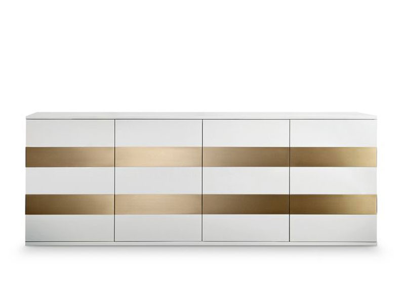 Sideboard YVES, Weißlack, Hochglanz mit vermessingten Metallbändern